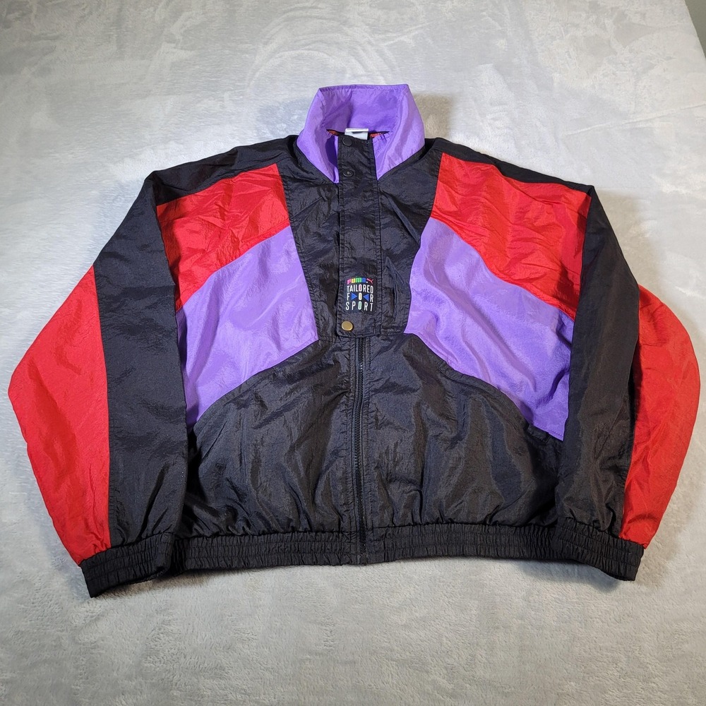 Puma Windbreaker Jacket Mens Medium Black Purple Red Colorblock Vintage Style